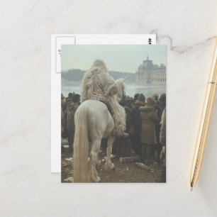 Postal Unicornio y hombre en la ciudad