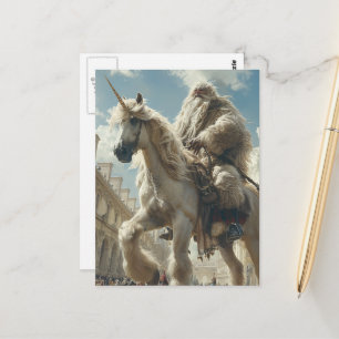 Postal Unicornio y hombre en la ciudad