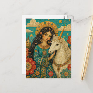 Postal Unicornio y una mujer hermosa