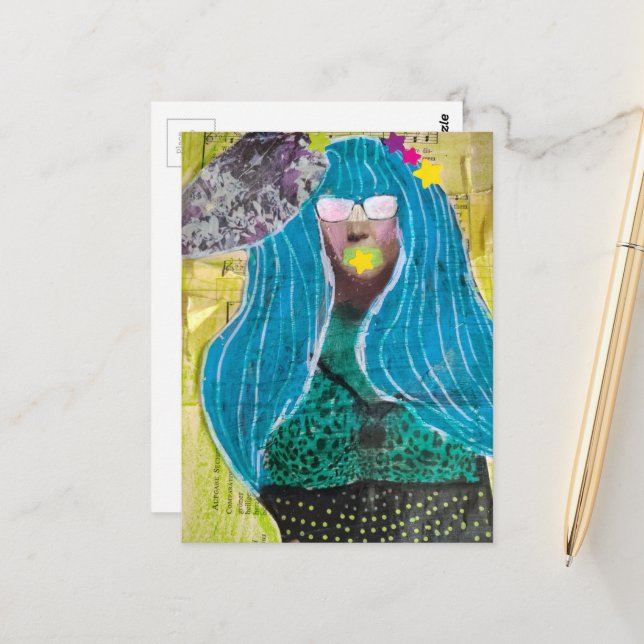 Postal Unique Lady With Blue Hair Mixed Media Collage (Anverso/Reverso In Situ)