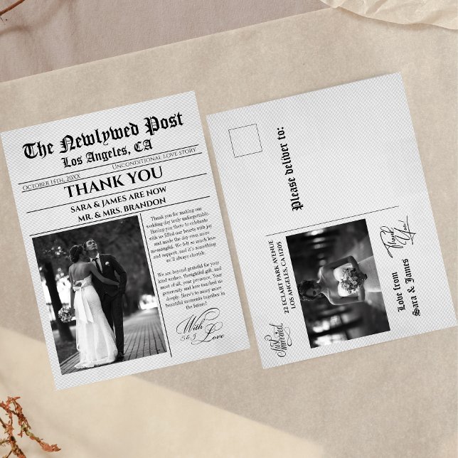 Postal Unique Newspaper Wedding Thank You Postcard (Subido por el creador)