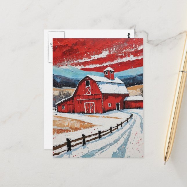 Postal Unique Red Winter Barn Painting (Anverso/Reverso In Situ)