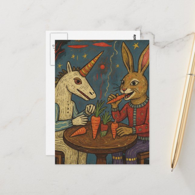 Postal Unique Unicorn and Rabbit Eating Carrots Surreal (Anverso/Reverso In Situ)