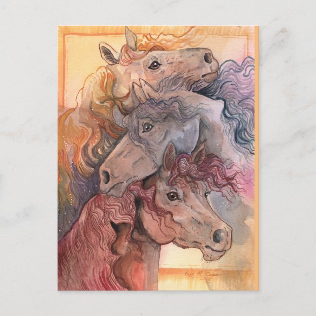 Postal Uno con la manada caballos acuarela (Anverso)
