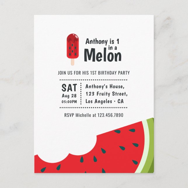 Postal Uno en un Fiesta del primer cumpleaños de Melón (Anverso)