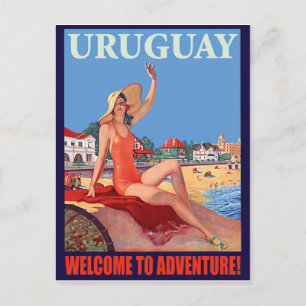 Postal Uruguay, chica en la playa, viaje vintage