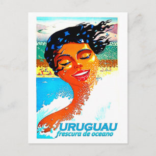 Postal Uruguay, mujer nadando en el agua, ilustración