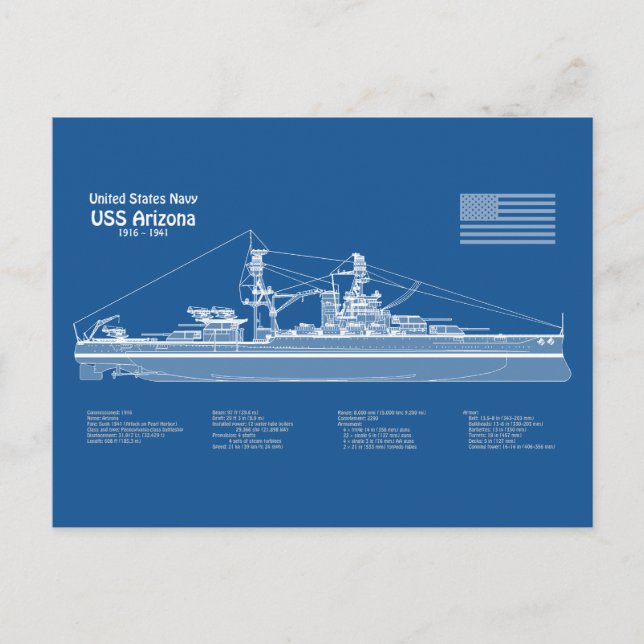 Postal USS Arizona - Planes de trazado de buques ABD (Anverso)