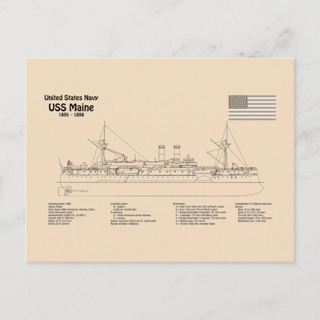 Postal USS Maine - Planes de trazado de buques SD (Anverso)