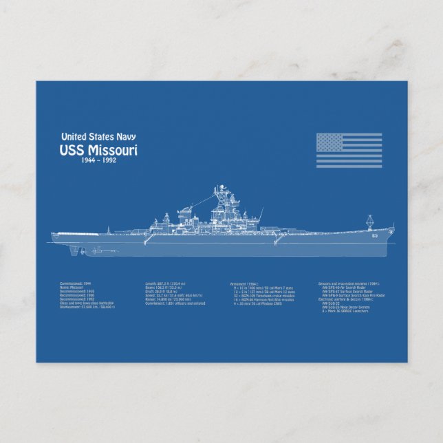 Postal USS Missouri - Planes de trazado de buques ABD (Anverso)