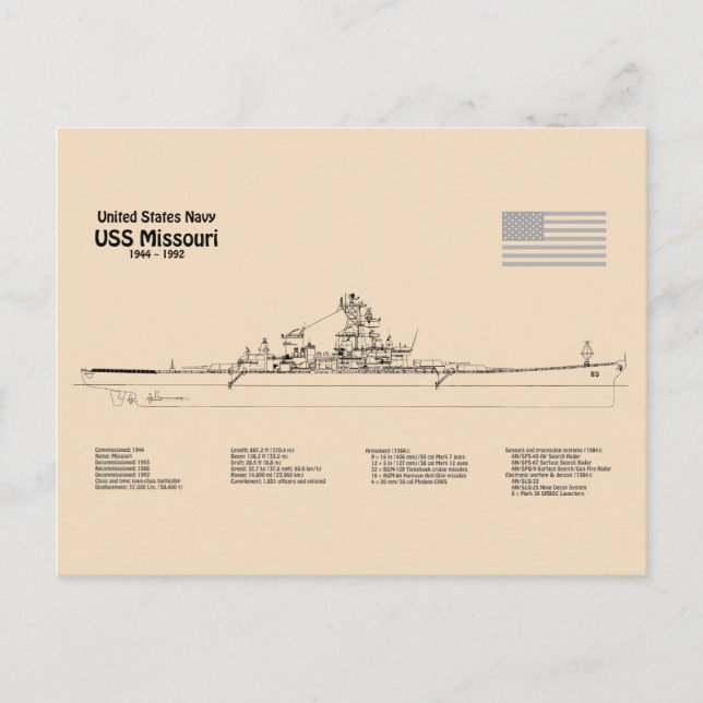 Postal USS Missouri - Planes de trazado de buques SD (Anverso)