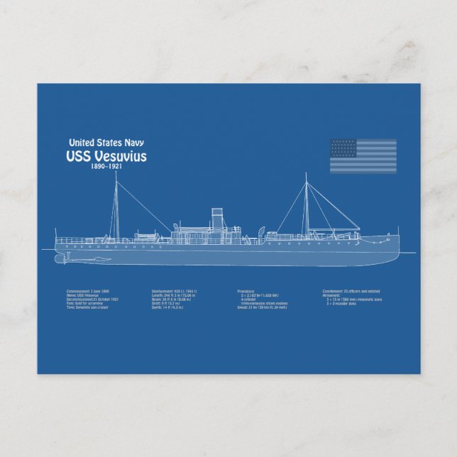 Postal USS Vesuvius - Planes de trazado de buques ABD (Anverso)