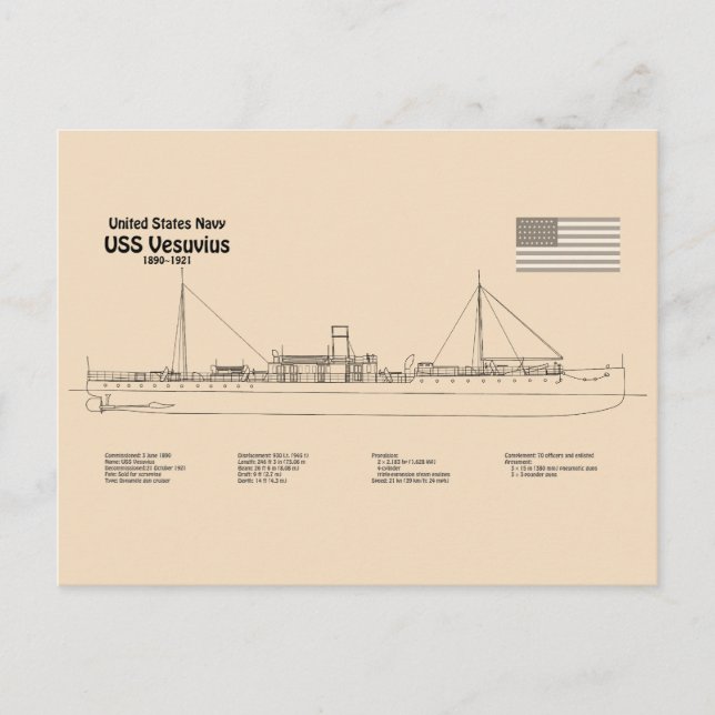 Postal USS Vesuvius - Planes de trazado de buques SD (Anverso)