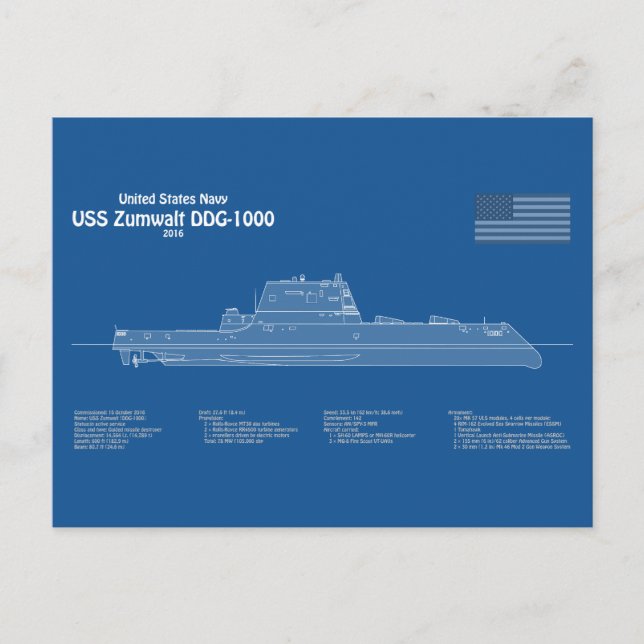 Postal USS Zumwalt - Planes de trazado de buques ABD (Anverso)