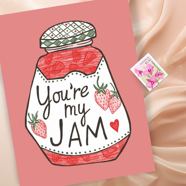Postal USTED ES MI AMOR Personalizado DE Ilustracion DE f (YOU ARE MY JAM Strawberry Illustration Custom Love Postcard valentine galentine friendship romance)