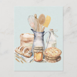 Postal Utensilios de cocina para hornear pan de acuarela
