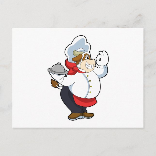 Postal Vaca como camarero con plato de servir (Anverso)