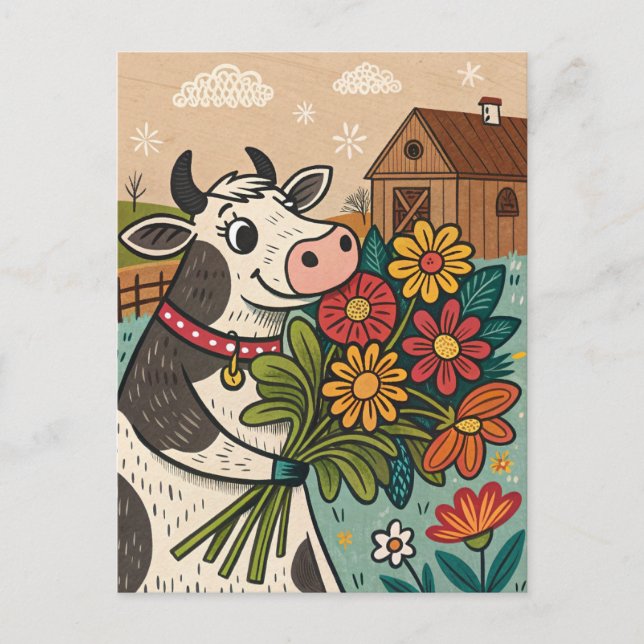 Postal Vaca con flores estilo de arte popular lindo (Anverso)