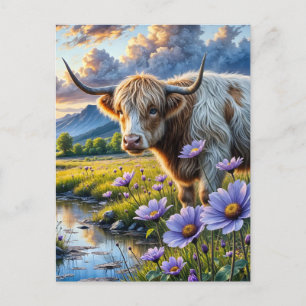 Postal Vaca cruzada de Highland/Longhorn en paisaje flora