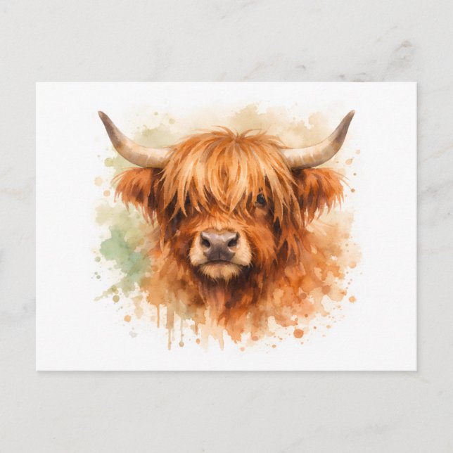 Postal Vaca de las Highlands - Animales en acuarela (Anverso)