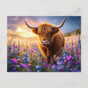 Postal Vaca de las Highlands en un campo de flores colori
