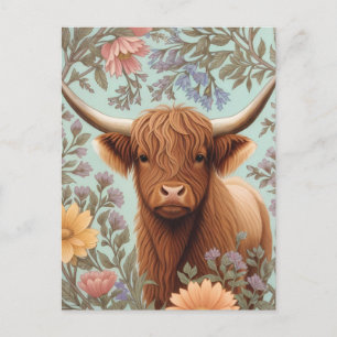 Postal Vaca de las Tierras Altas Pastel Floral Inspirado