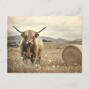 Postal Vaca de montaña en un campo de heno