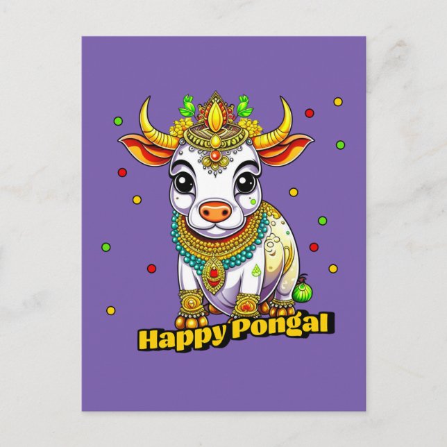 Postal Vaca decorada en Kawaii Pongal (Anverso)