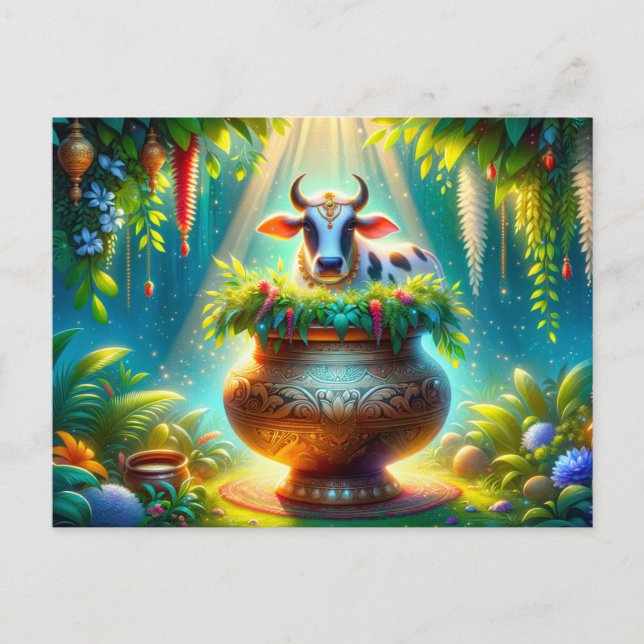Postal Vaca decorada en la olla de Pongal (Anverso)