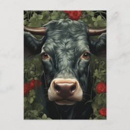 Postal Vaca en las flores rojas