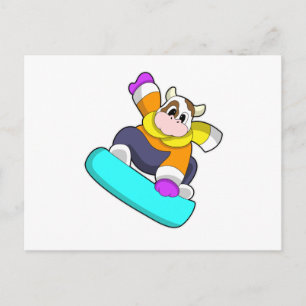 Postal Vaca haciendo snowboard con tabla de nieve