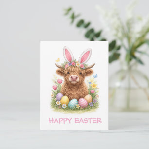 Postal Vaca Highland adorable con orejas de conejo Pascua