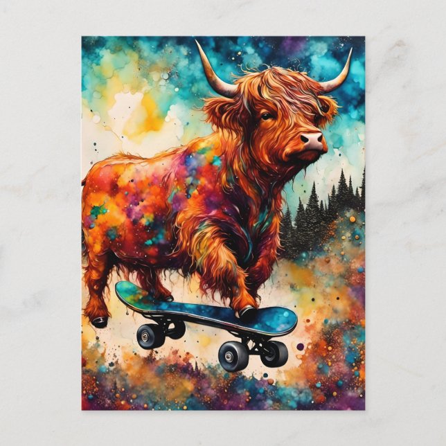 Postal Vaca Highland adorable haciendo skateboarding (Anverso)