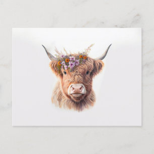 Postal Vaca Highland con acuarela floral Crown Illustra