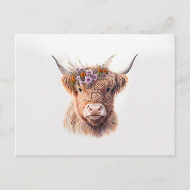 Postal Vaca Highland con acuarela floral Crown Illustra (Anverso)
