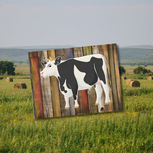 Postal vaca Holstein con fondo de tablones viejos