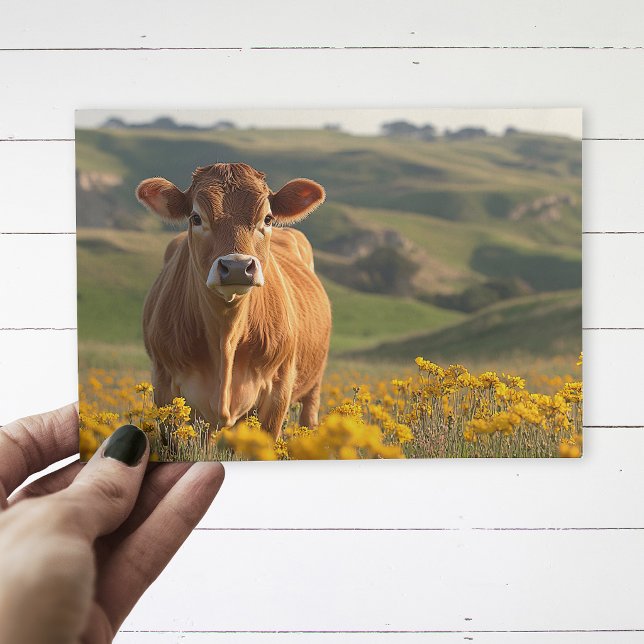Postal Vaca Lechera Adorable Flores Silvestres Amarillas (Postcard of a brown cow in a yellow wildflower field, being held by a hand over a white wood surface)