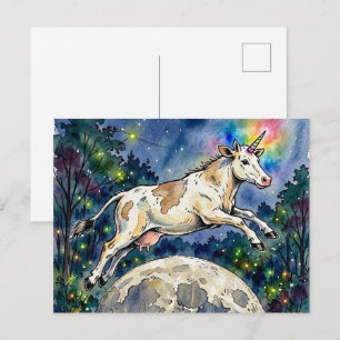 Postal Vaca Lechera Unicornio Saltando la Luna