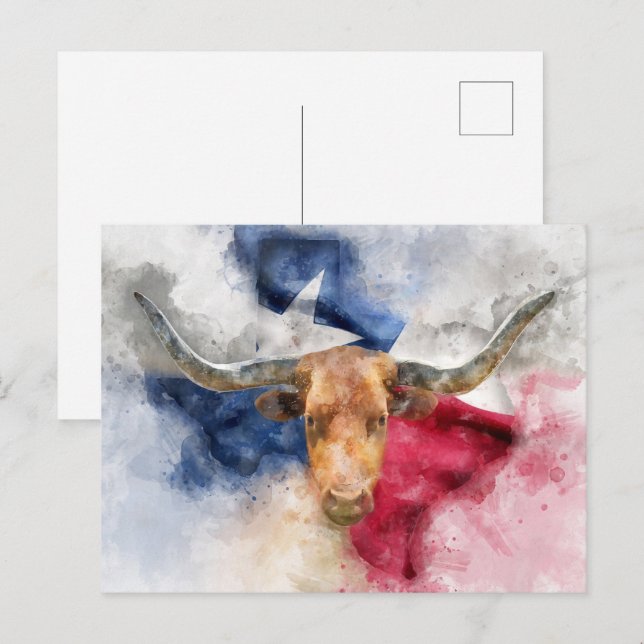 Postal Vaca Longhorn con bandera de Texas (Anverso / Reverso)