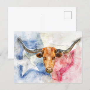 Postal Vaca Longhorn con mapa de Texas y acuarela con ban