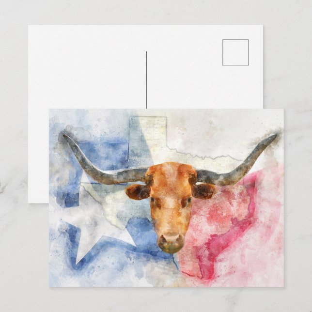 Postal Vaca Longhorn con mapa de Texas y acuarela con ban (Anverso / Reverso)