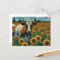 Vaca parda en un campo de girasol de imitación de