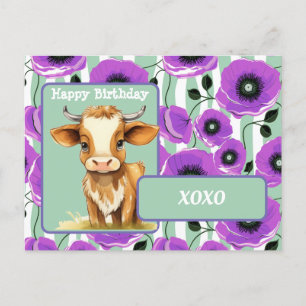 Postal Vaca y amapolas XOXO Feliz Cumpleaños