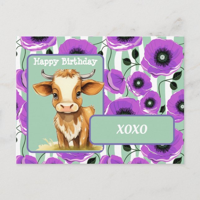 Postal Vaca y amapolas XOXO Feliz Cumpleaños (Anverso)