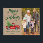Postal Vacaciones de fotos de Camión de Vintage con guión<br><div class="desc">Kraft Green Brush Script Watercolor Vintage Red Truck con Árbol de Navidad - Happy Holidays Family Photo Postcard</div>