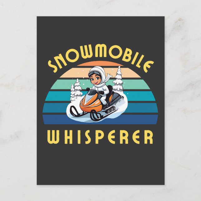 Postal vacaciones de invierno de chica con moto de nieve (Anverso)