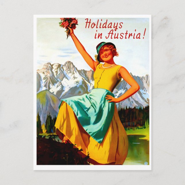 Postal Vacaciones en Austria, mujer con flores, cosecha (Anverso)
