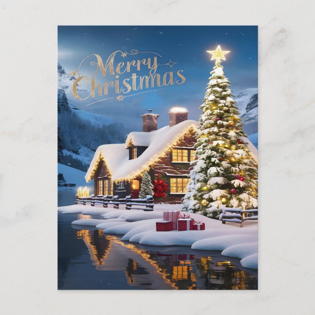 Postal Vacaciones encantadas: Casa y árbol de Navidad (Anverso)