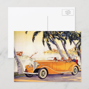 Postal Vacaciones familiares antiguas en un coche convert