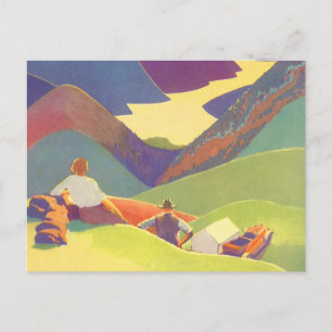 Postal Vacaciones familiares antiguas, picnic en las mont